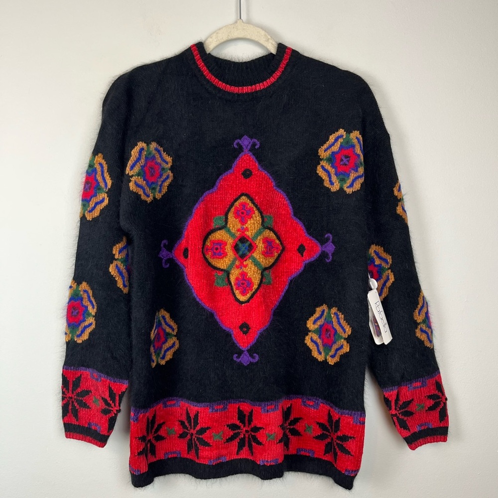 NWT Rafaella Vintage MEDIUM Angora Blend Fuzzy Soft Sweater Black Multi